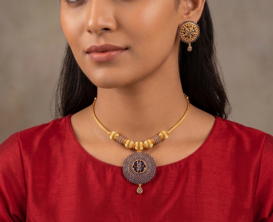Gold tone AD Blue Round pendant Necklace Set - DJ11377