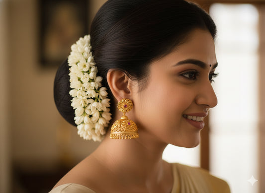 Gold tone pink Kerala style big flower jhumkka dj-41773