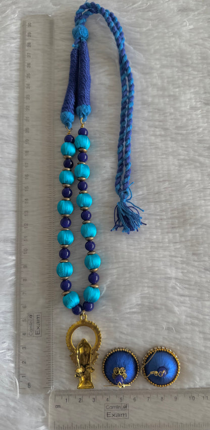 Antique gold tone blue silk thread Ganesha pendant necklace set dj-51433