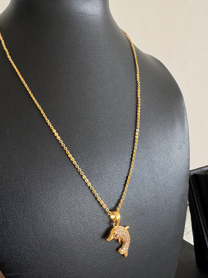 Gold tone 18 inches chain with ruby-white dolphin pendant dj-47599