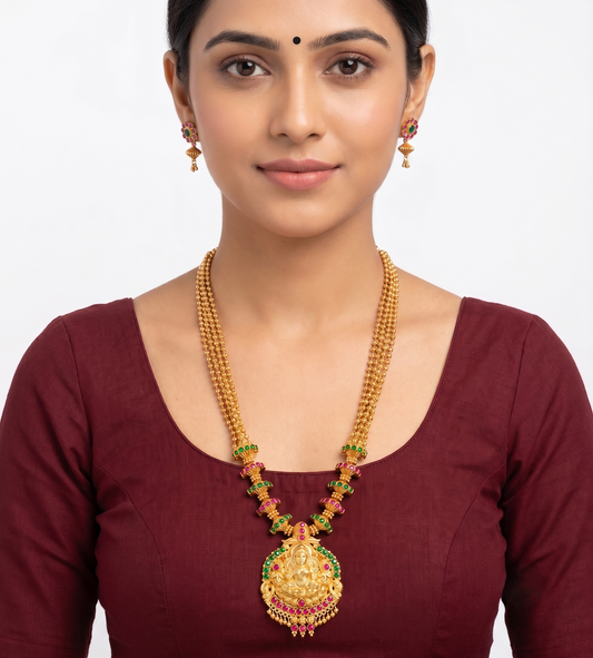 Gold Tone Ruby-green Multilayer Lakshmi Short Haar Set -dj11408