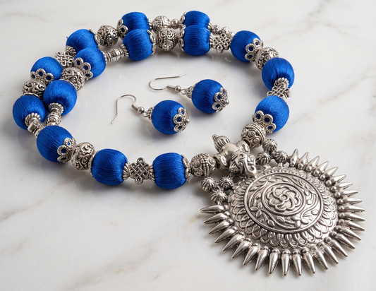 Silver tone Blue Silk thread Ganesha Necklace Set -dj11412