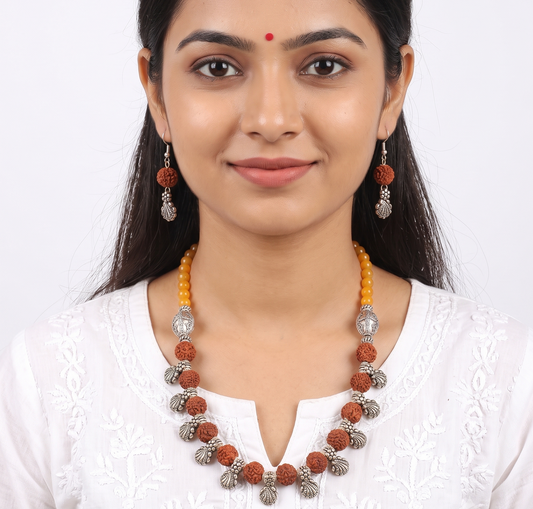 Silver Tone Yellow-Rudhraksha Beaded Necklace Set -dj11416
