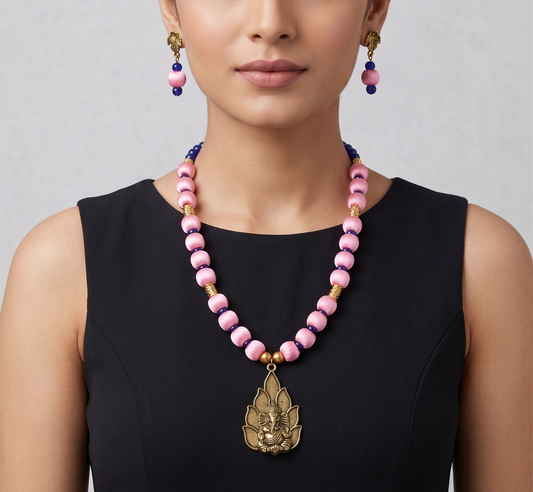 Antique gold tone pink-blue silk thread Ganesha necklace set dj-11418