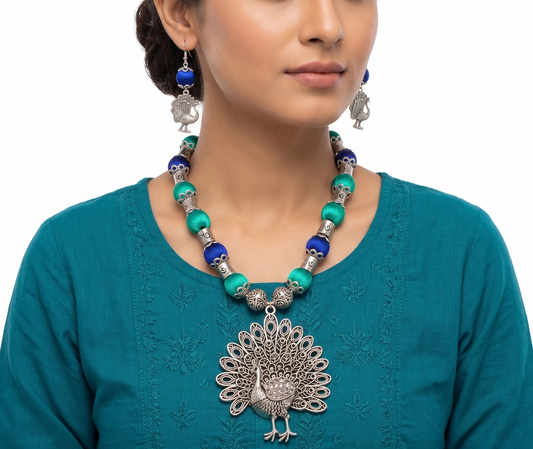 Silver Tone Sky blue-Royal Blue Silk Thread Peacock Necklace Set -dj11426