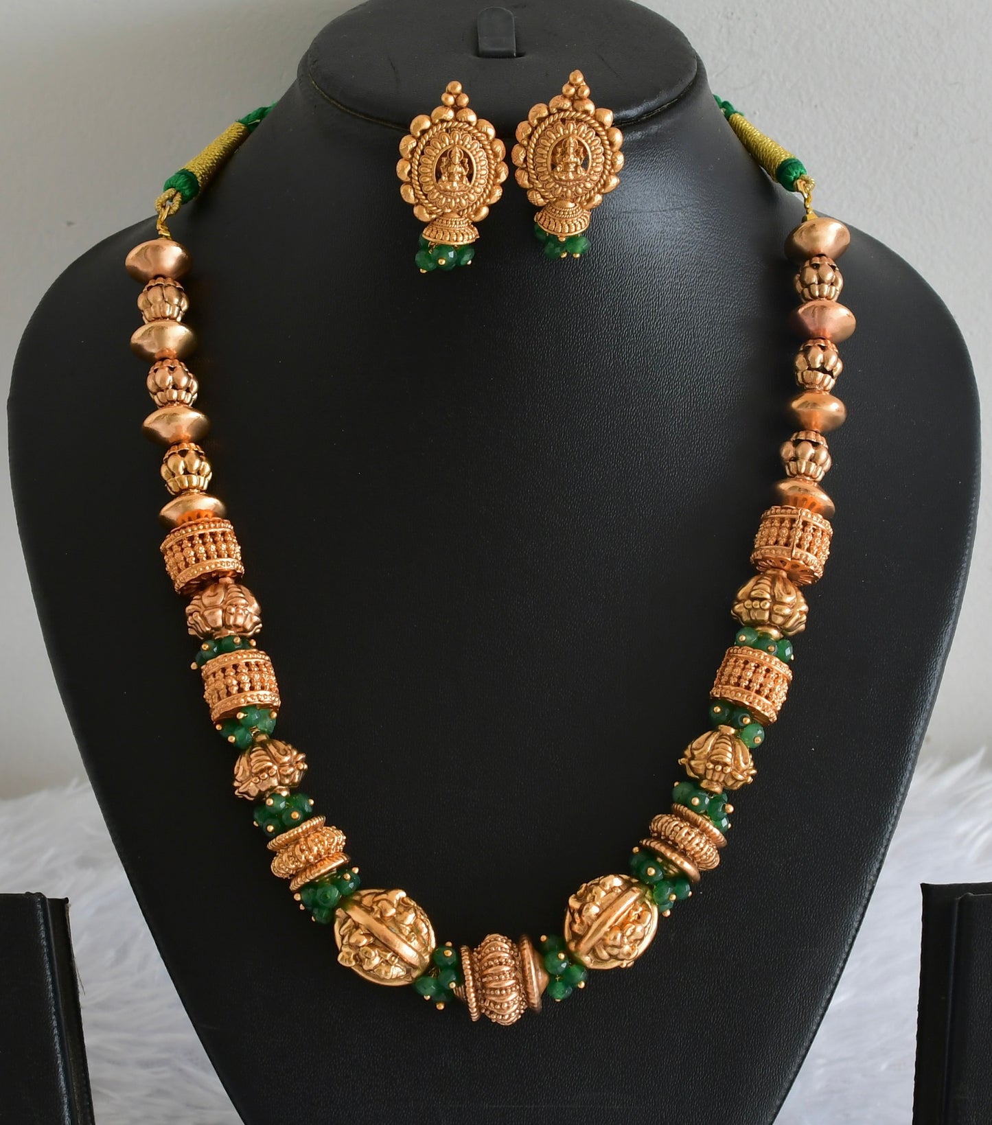 Antique gold tone lakshmi green nakshi beaded necklace set dj-54008