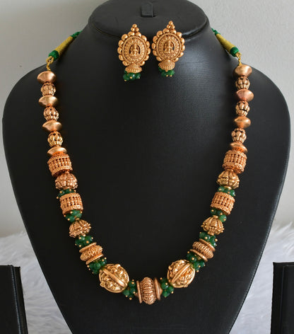 Antique gold tone lakshmi green nakshi beaded necklace set dj-54008
