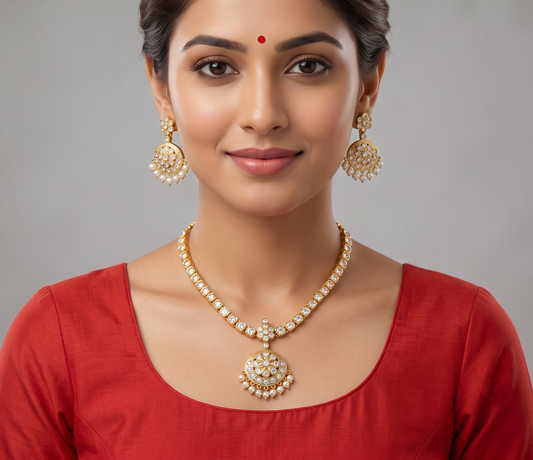 Gold tone Ad white stone South Indian attigai/necklace set dj-11436