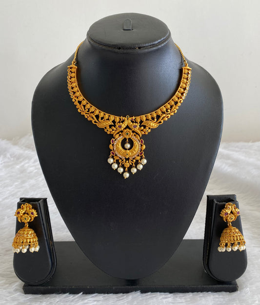 Matte Finish Cz Ruby-emerald Peacock Necklace Set -dj11444