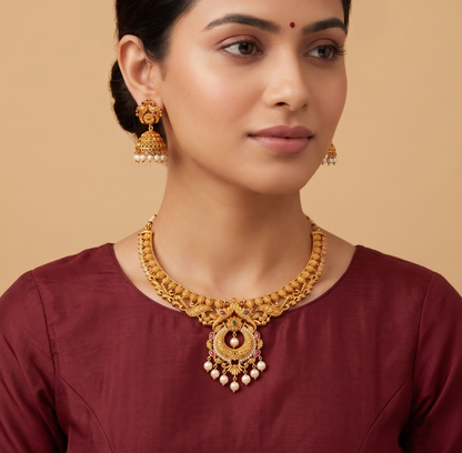 Matte Finish Cz Ruby-emerald Peacock Necklace Set -dj11444