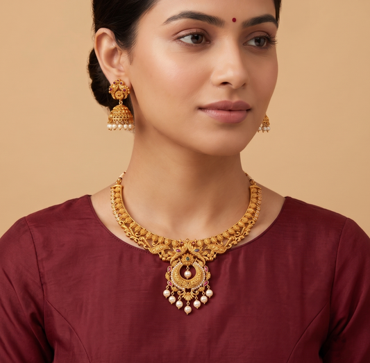 Matte Finish Cz Ruby-emerald Peacock Necklace Set -dj11444