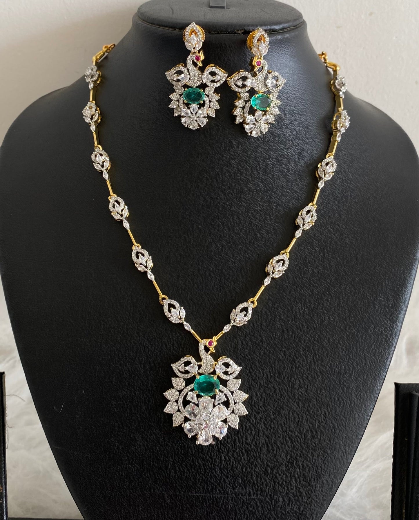 Two tone cz white green peacock necklace set dj-54459