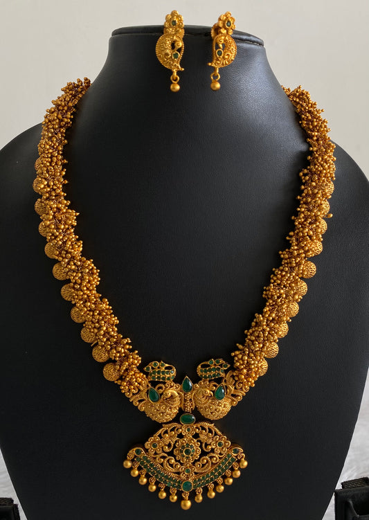 Matte finish gold cluster semi precious emerald peacock short haar set dj-11451