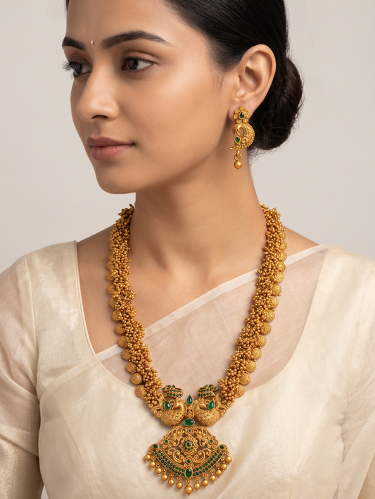 Matte finish gold cluster semi precious emerald peacock short haar set dj-11451