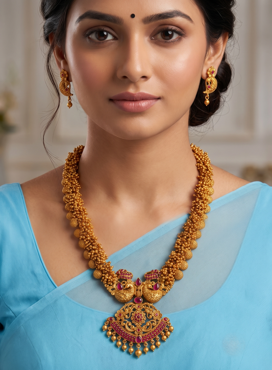 Matte finish gold cluster ruby peacock short haar set dj-11453