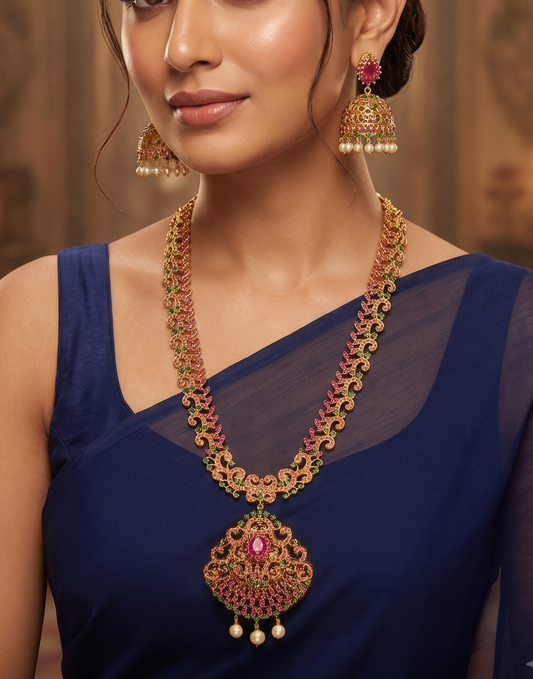 Gold tone Semi Precious Ruby-emerald Short Haar Set-dj11455
