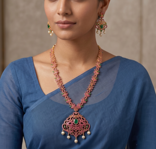 Gold tone semi precious ruby-emerald short haar set dj-11456