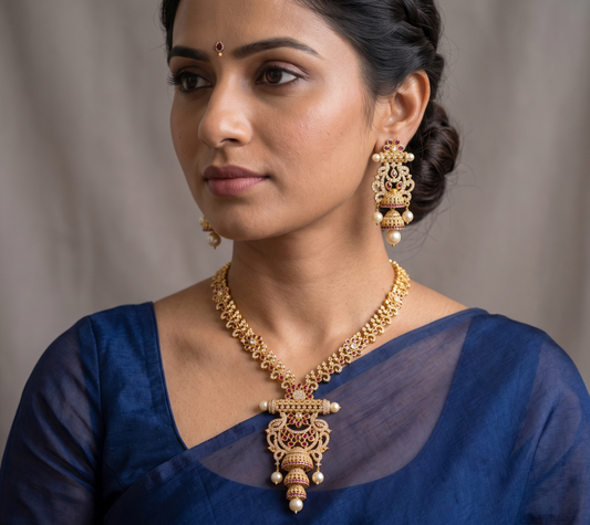 Gold tone cz Kemp-green pearl jhumkka pendant haar set dj-11458