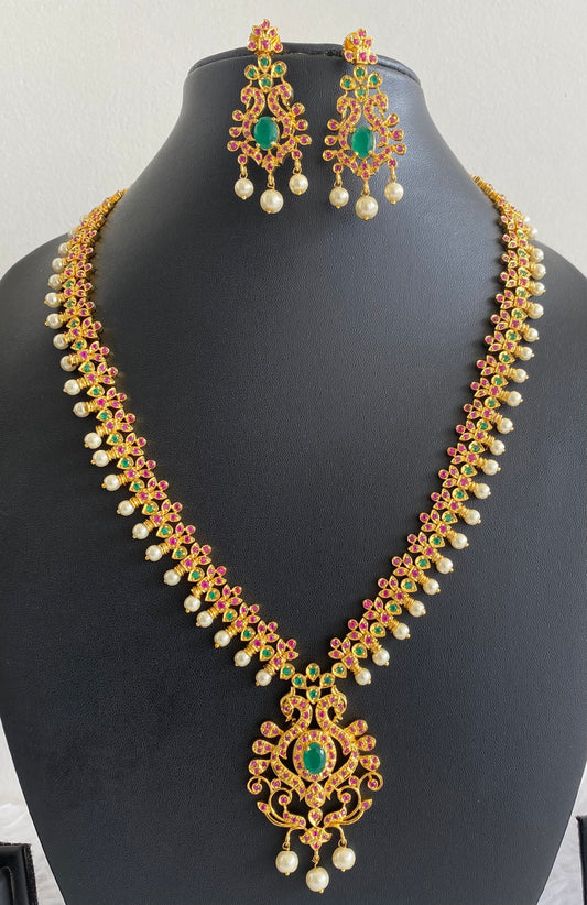Gold tone ruby-emerald pearl peacock short haar set dj-11459