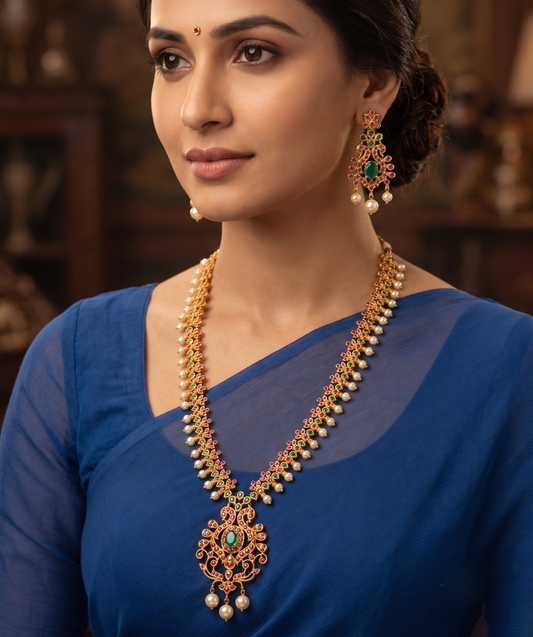 Gold tone ruby-emerald pearl peacock short haar set dj-11459