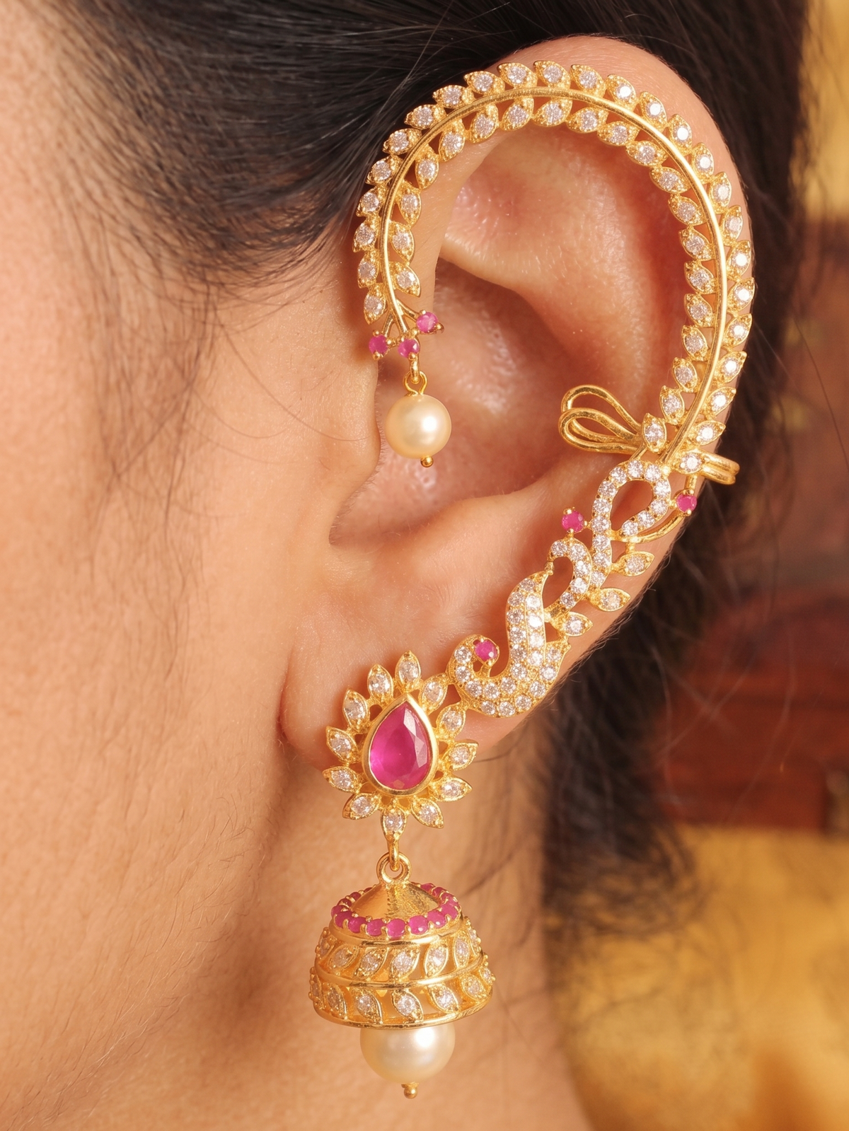 Gold Tone Cz Ruby Peacock Ear Cuff Jhumkka -dj11463