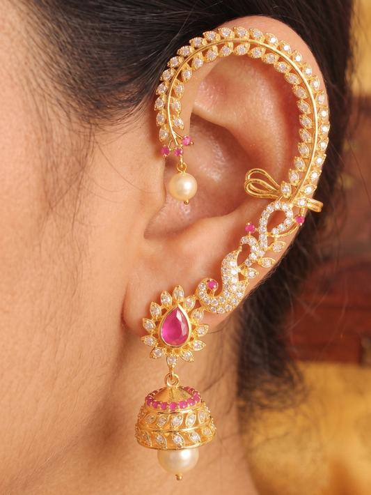 Gold Tone Cz Ruby Peacock Ear Cuff Jhumkka -dj11463