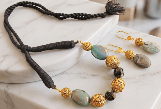 Antique gold tone grey black Onyx beaded necklace set -dj11466