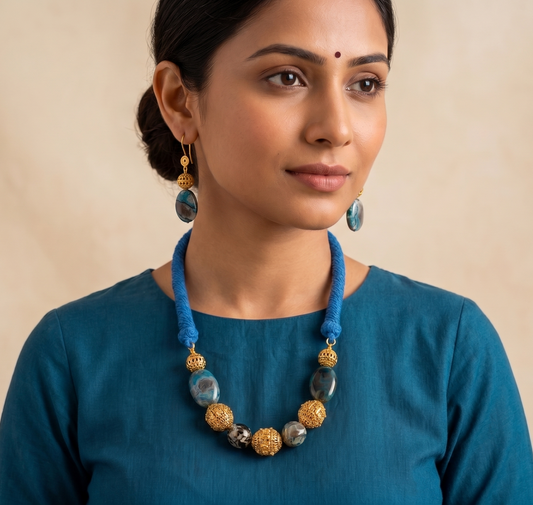Antique gold tone Blue Onyx Beads Necklace Set -dj11467