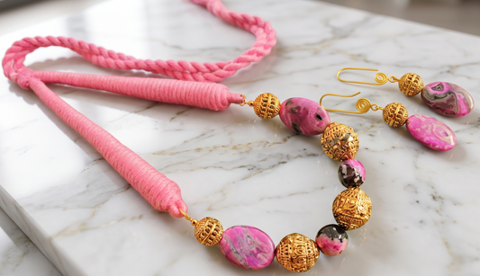 Antique gold tone Pink Onyx Beads Necklace Set -dj11468