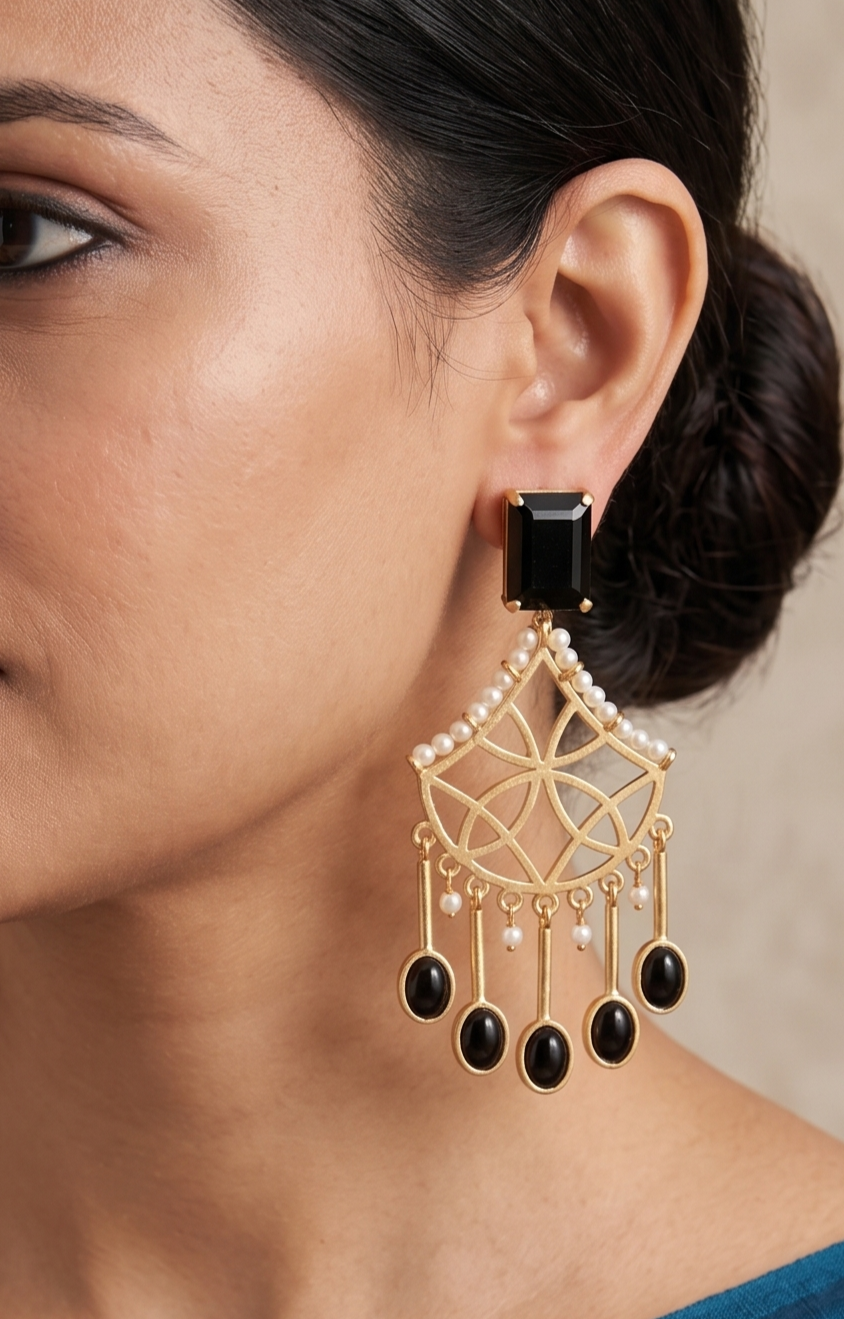 Antique gold tone Black-Pearl long Earrings-dj11502