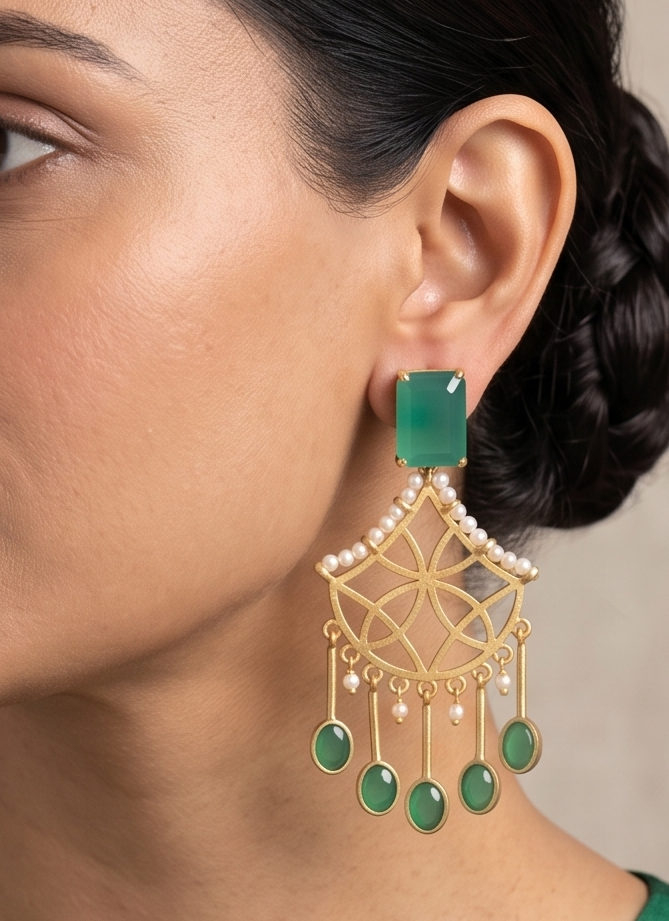 Gold tone Green-Pearl long Earrings-dj11503