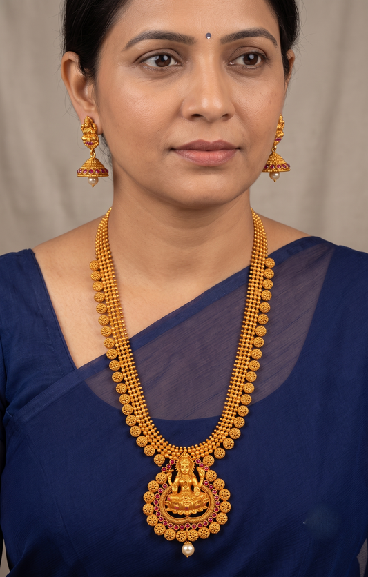 Matte finish ruby-emerald Lakshmi mango haar set dj-11511