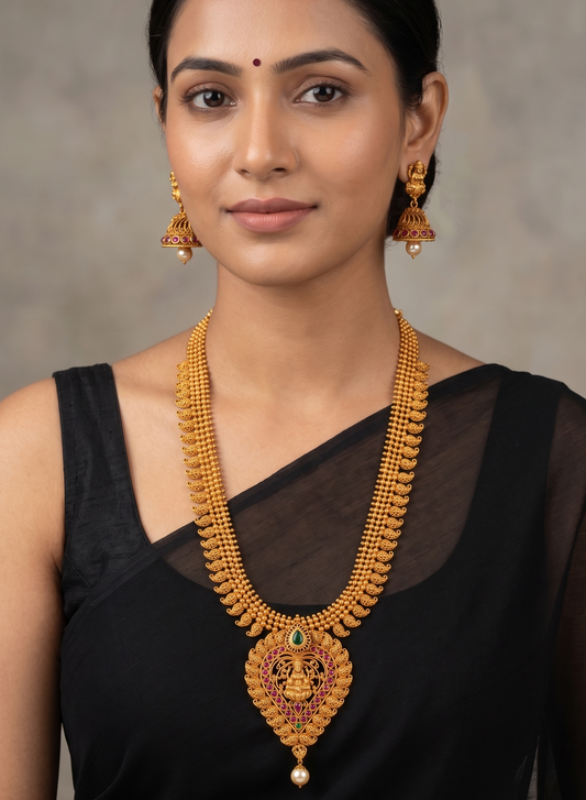 Matte finish ruby-emerald Lakshmi pendant bridal mango haar set dj-11513