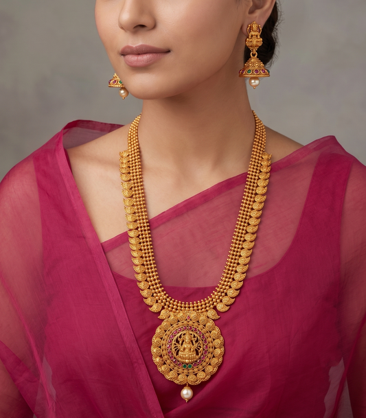 Matte finish ruby-emerald Lakshmi mango haar set dj-11516