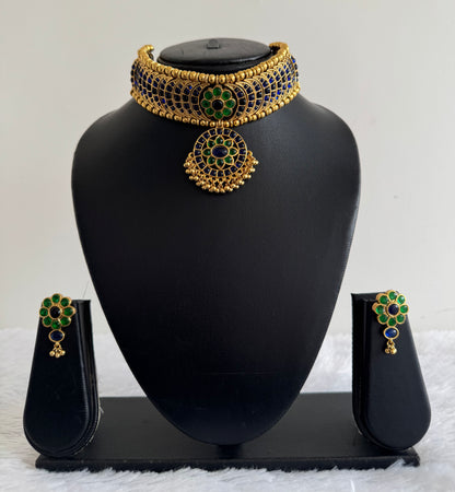 Matte finish green-blue-white flower reversible choker set dj-52144
