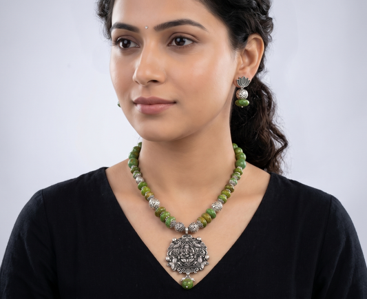 Silver tone green beaded Ganesha necklace set dj-11555