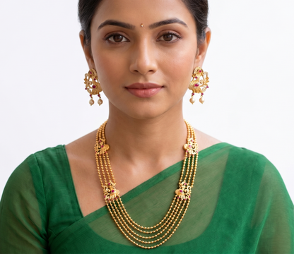 Gold tone Multilayer Cz-ruby Peacock Mugappu Necklace Set dj-11566
