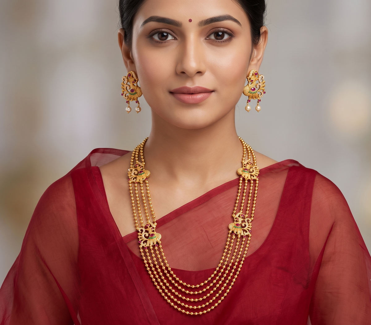 Gold tone Multilayer Cz Ruby-emerald Peacock Mugappu Necklace Set dj-11567