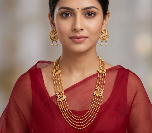 Gold tone Multilayer Cz Ruby-emerald Peacock Mugappu Necklace Set dj-11567