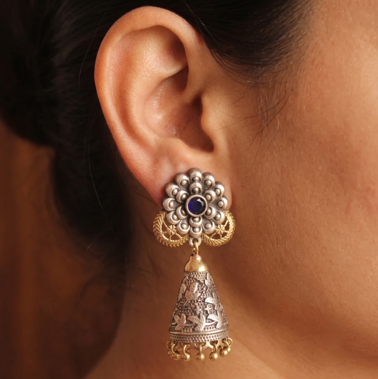 Oxidised Silver Two Tone Blue Cone shaped Jhumkka -dj11589