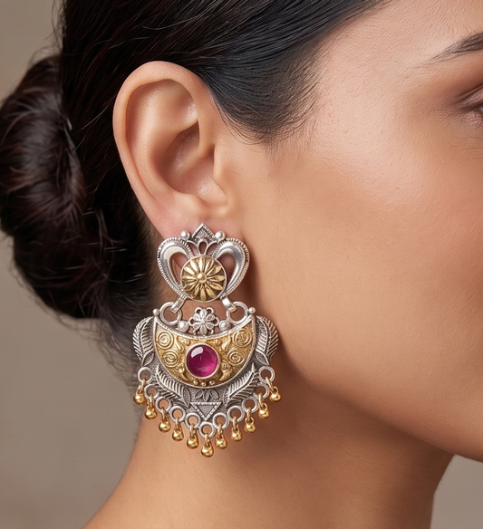 Oxidised Silver Two Tone Ruby Earrings -dj11593
