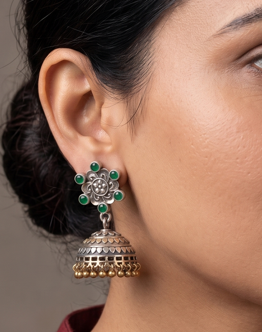 Oxidised Silver Two Tone Green Flower Jhumkka -dj11599