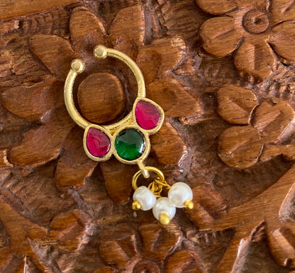 Gold tone kundan jadau pink-green stone pearl nose pin/bulakku dj-53795