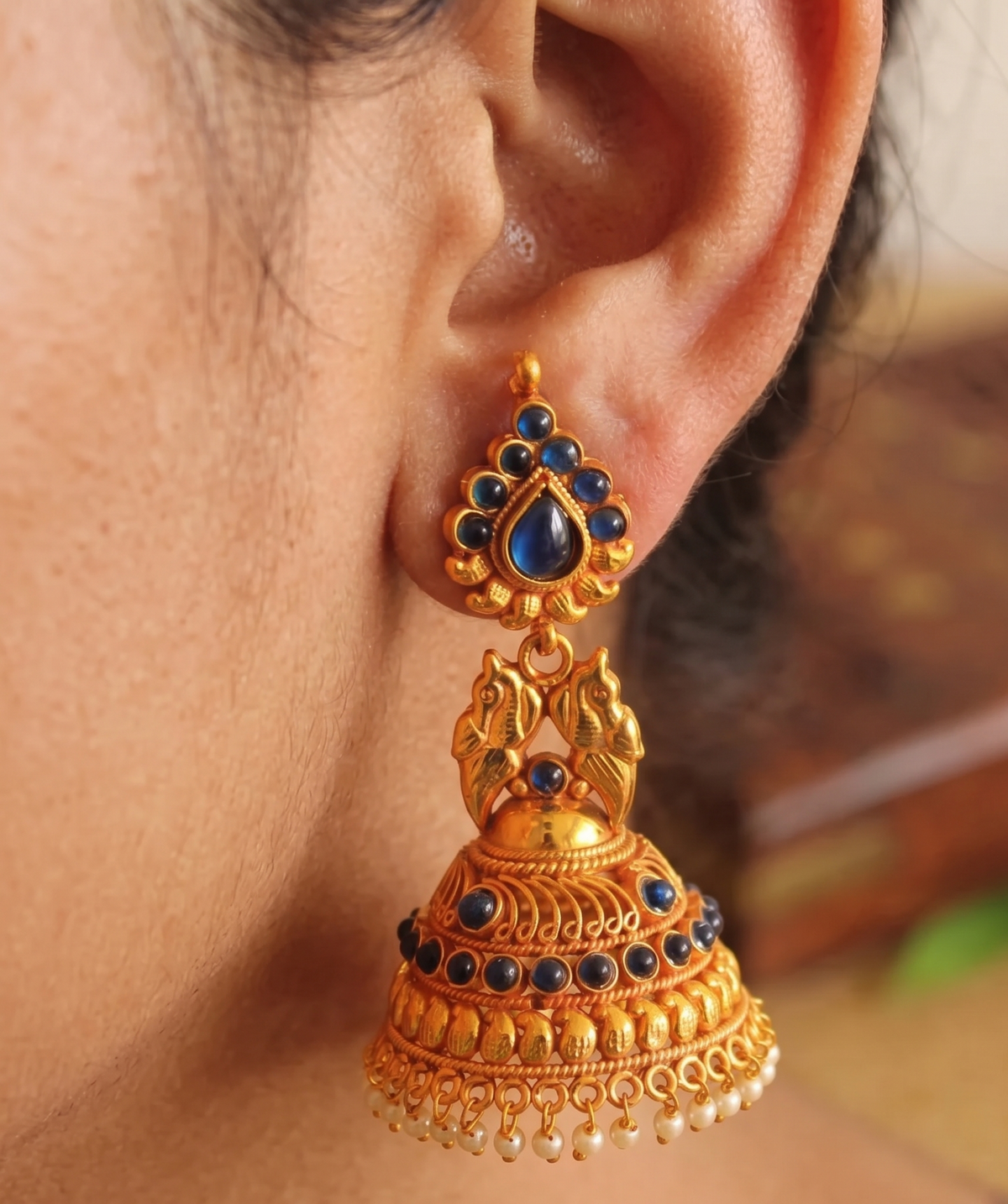 Antique gold tone Blue Peacock Jhumkka -dj11623