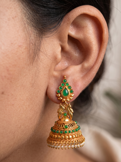 Antique gold tone green peacock jhumkka dj-11624