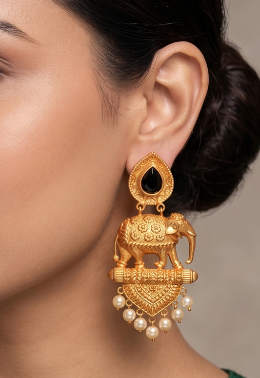 Matte Finish Black Pearl Elephant Earrings -dj11629