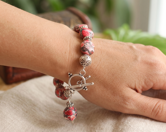 Silver tone Red Agate Beaded Bracelet-dj11630