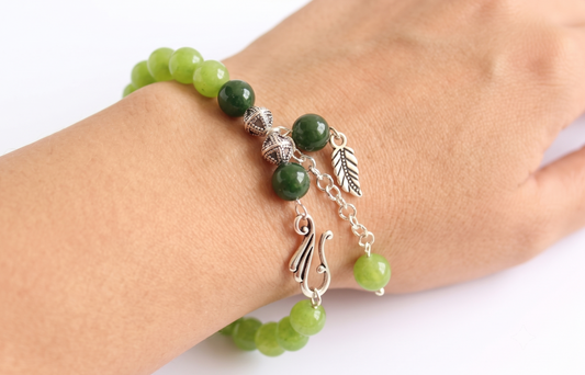 Silver tone Agate Green Beads Bracelet-dj11634