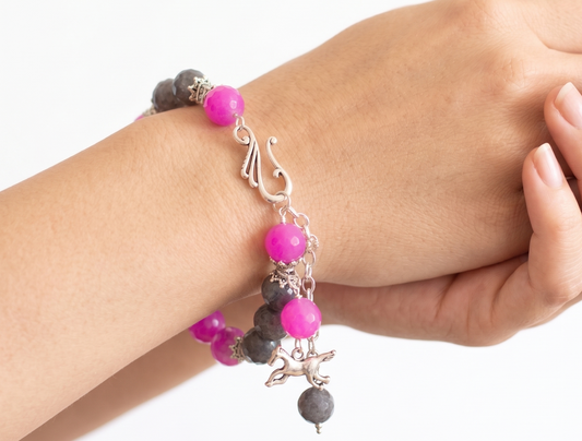 Silver tone pink Agate Beaded Charm Bracelet-dj11636