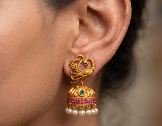 Matte Finish Ruby-emerald Swan Jhumkka-dj11655